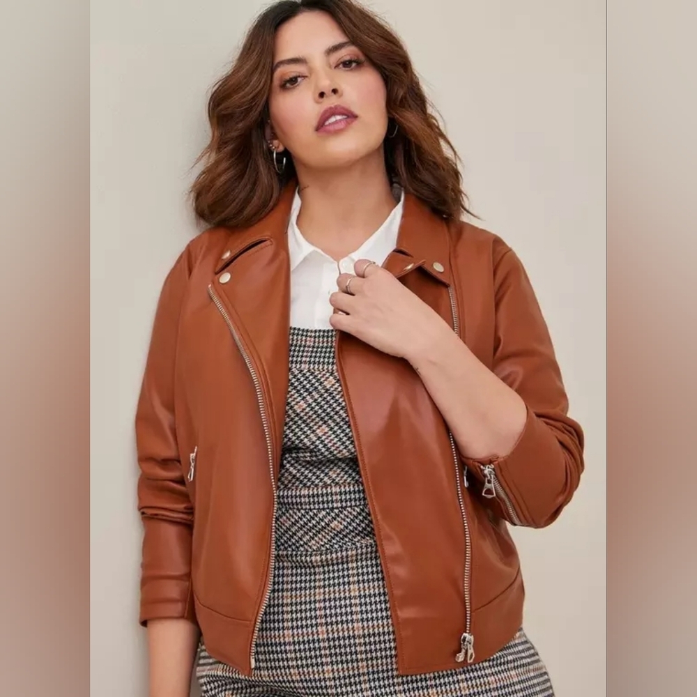 Torrid Moto Faux Leather Asymmetrical Moto Jacket - Brown - Picture 13 of 15